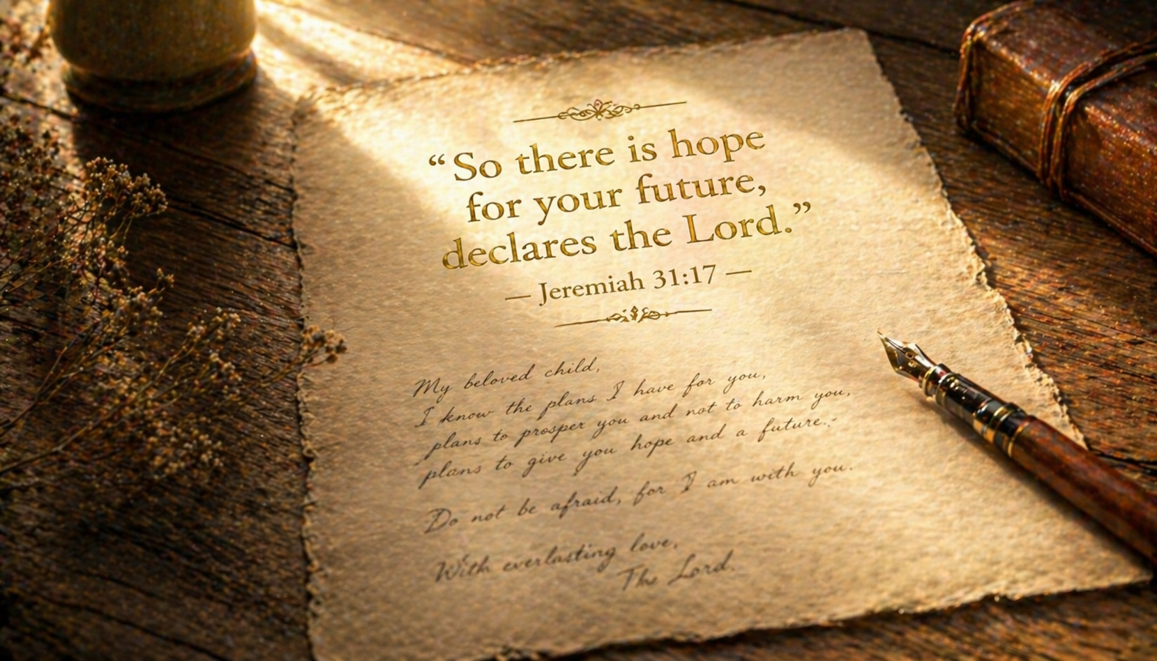 Handwritten letter on aged cream parchment wooden table morning sunlight fountain pen leather journal -- Jeremiah 31:17 hope promise wallpaper